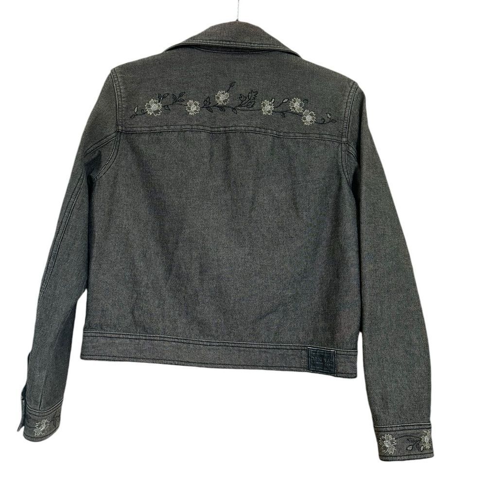 Liz Claiborne BLACK 1990s DISTRESSED EMBROIDERED FLORAL DENIM JACKET, Small - Picture 2 of 10